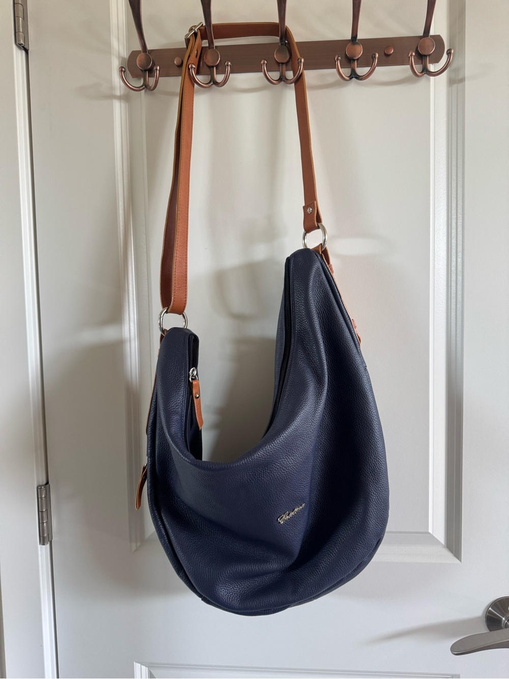 Christina Navy Pebbled Shoulder Bag with Gold Logo